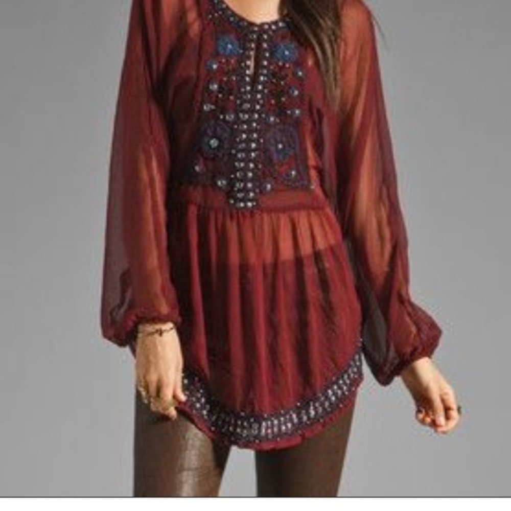 FREE PEOPLE INDIE GODDESS Embroidered & Beaded Sheer Tunic Top GORGEOUS! Size  S